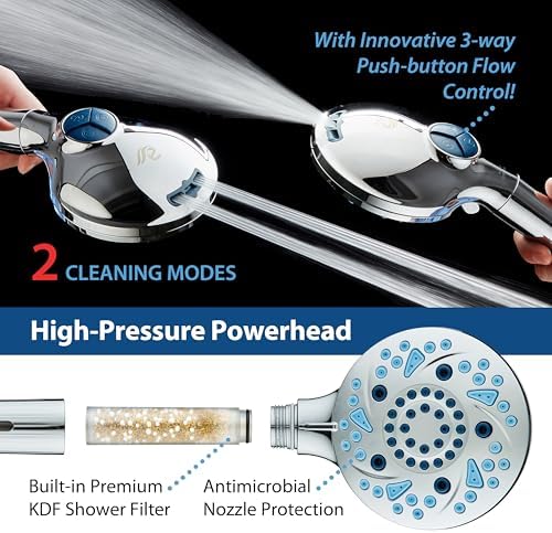 AquaCare High Pressure 10 Spray Mode Filtered Showerhead - Handheld Shower Head Filters Chlorine to Heal Dry Skin, Revive Hair - Dual Power Wash Cleans Tub, Tile, Pets - Hard Water Softener, Chrome - Image 5