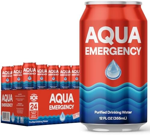 Aqua Emergency Drinking Canned Water- (24 Cans) 12 fl Oz (50 Years) Shelf Life for Everyday Hydration, Emergency, Survival Use-Purified via Reverse Osmosis | Plant-Based, BPA Free, Eco-Friendly Packaging, Made in USA-1 Case by AquaEmergency