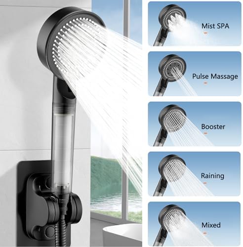 High Pressure Shower Head Black with Hose, 5-Spray Filtered Showerhead with No-Drill Holder, Water Softener Beads & ON/OFF Switch for Daily & Pet Care, Removes Chlorine, Softens Hard Water - Image 4