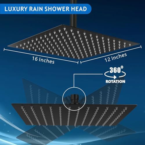 Voolan Extra Large Rain Shower Head - High Flow Square Rainfall Showerhead - Waterfall Full Body Coverage - Universal Ceiling or Wall Mount (16 * 12 Inch Rectangle, Matte Black) - Image 4
