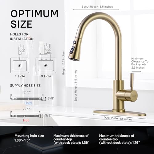 WEWE Pull-Down Kitchen Faucet, 3-Mode Sprayer, Gold, High Arc - Image 2