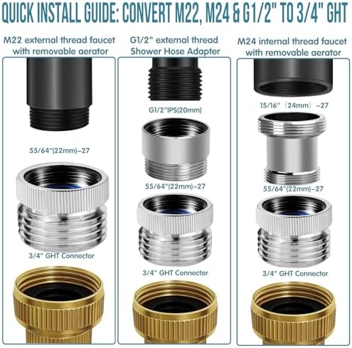 4Pcs Brass Faucet to Hose Adapter with Aerator, Sink Hose Adapter Set with Washers & Tape – Fits G1/2" Female, 55/64" Female, and 15/16" Male, Connects to 3/4" GHT Garden Hoses - Image 5