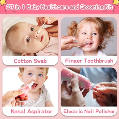 Infant Grooming Essentials: Electric Safety Nail Trimmer, Nasal Aspirator, Hair Brush, Comb, Nail Clipper (27 Piece Safety Care Set for Newborns - Pink) - Image 6