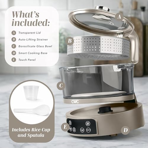 COOK WITH COLOR Glass Mini Low Carb Rice Cooker – Holds 2 Cups Raw/Makes 6 Cups Cooked with Auto Lift Filter Basket, Hotpot & Steamer for Rice, Grains, Digital Panel with Keep Warm, Greige - Image 2