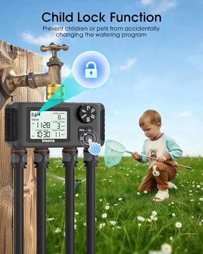 Insoma 4 Zones Sprinkler Timer with Brass Inlet, Water Timer for Garden Hose with Auto/Manual/Rain Delay Mode, Hose Timers for Irrigation Watering System for Yard, Lawn, Plant Watering - Image 4