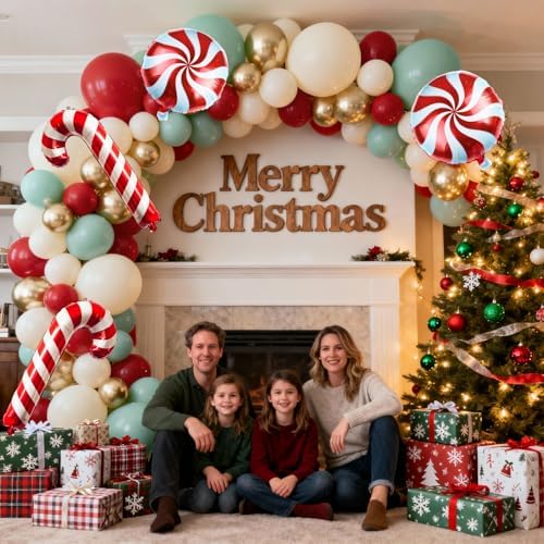Christmas Balloon Garland Arch Kit, 111PCS Red Green Gold White Balloons with Lollipop Candy Cane Mylar Foil Balloon Arch for Xmas Party Holiday Wedding Birthday New Year Decorations - Image 5