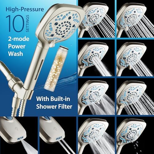 AquaCare High Pressure 10 Spray Mode Filtered Showerhead - Handheld Shower Head Filters Chlorine to Heal Dry Skin, Revive Hair - Dual Power Wash Cleans Tub, Tile, Pets - Hard Water Softener, Nickel - Image 4