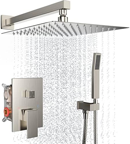 Brushed Nickel Rain Shower System Faucet Set with Handheld, 12 inch by Dlvsoby