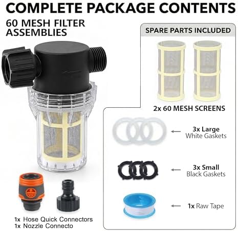 60 Mesh Garden Hose Filter with Quick Connect Set & 2 Replacement Screens, 3/4" GHT Thread Sediment Trap for Pool and Water Tank Pre-Filtration - Image 2