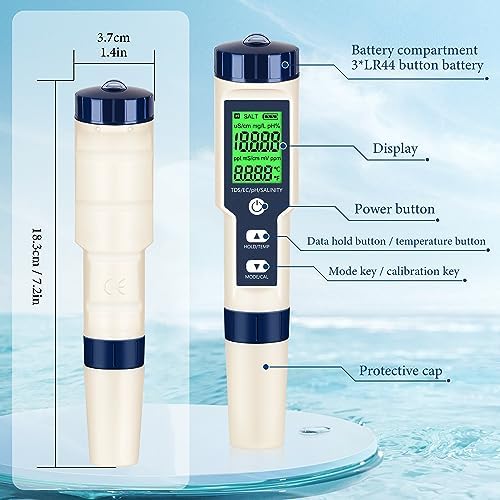 PH Meter & TDS Meter Digital Water Tester 5 in 1 Salinity Tester PH Temp EC and TDS Meter,PH Meter for Water with LCD Backlit,Water Testing Kits for Drinking Water,Wine,Swimming Pool,Hot Tub Spas. - Image 5