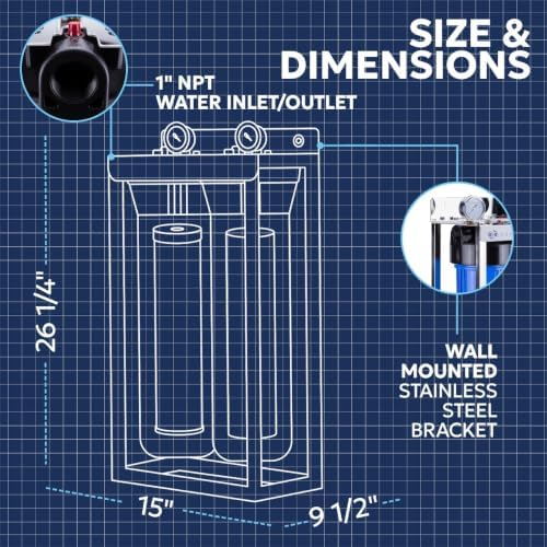 Aquaboon 2-Stage Whole House Water Filter System with Prefilter, 20x4.5 Iron & Manganese, Sediment Filters, Pressure Gauge & Release, Wrench, Freestanding Steel Frame - Image 5
