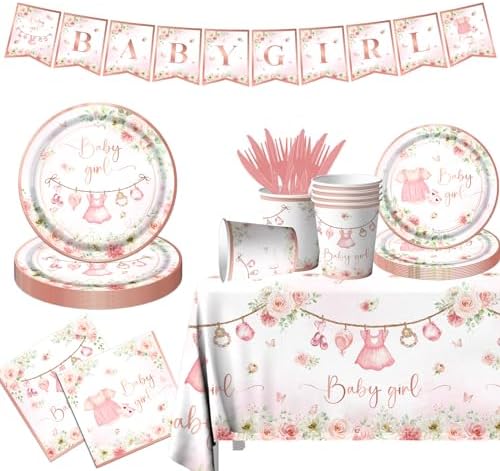Rose Gold Baby Shower Tableware Set,Pink Girl Baby Shower Plates and Napkins Sets Include Baby Shower Plates Napkins Cups Floral Baby Girl Tablecloth for Girl Baby Shower Gender Reveal Party Supplies by Lenyunge