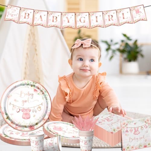 Rose Gold Baby Shower Tableware Set,Pink Girl Baby Shower Plates and Napkins Sets Include Baby Shower Plates Napkins Cups Floral Baby Girl Tablecloth for Girl Baby Shower Gender Reveal Party Supplies - Image 5