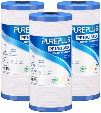 PUREPLUS 25 Micron 10"x4.5" Whole House Grooved Sediment Water Filter 3Pack by PUREPLUS