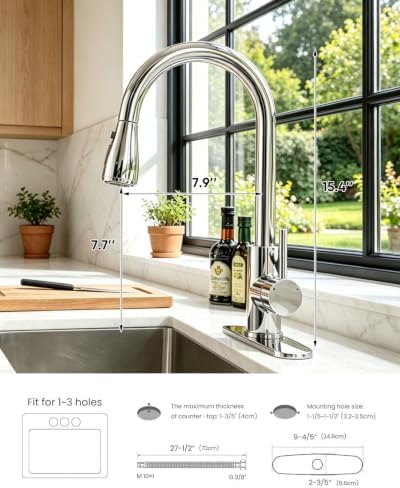Chrome Kitchen Faucet with Pull Down Sprayer, 3-Mode Single Handle Sink Faucet for 1-Hole or 3-Hole Installation, SUS 304 Stainless Steel with 10-Inch Deck Plate - Image 5