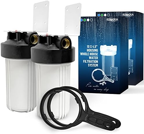 High Capacity 10 x 4.5” Whole House Filter Purifier System for Well or City Water, Presser Relief Button, 1” NPT Brass Port, Double O-Ring, Meets NSF Standards & Regulations (White, 2 Sets) by Ronaqua