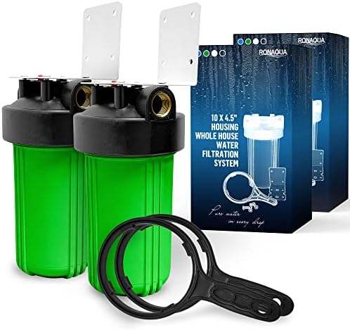 High Capacity 10 x 4.5” Whole House Filter Purifier System for Well or City Water, Presser Relief Button, 1” NPT Brass Port, Double O-Ring, Meets NSF Standards & Regulations (Green, 2 Sets) by Ronaqua