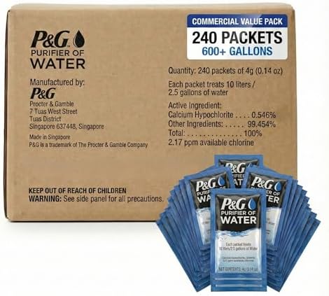 P&G Purifier of Water Portable Water Purifier Packets (240 Packets) - Emergency Water Filter Purification Powder for Emergency Kit, Survival, Camping, Hiking, Backpacking, and Disaster Preparedness by PGPurifierofWater
