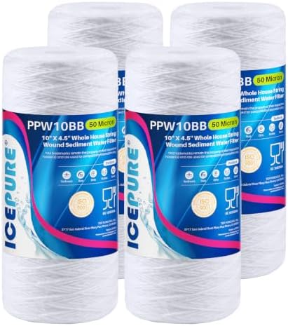 ICEPURE 50 Micron 10”*4.5'' Whole House Sediment String Wound Water Filter Replacement filter for 84637, WPX5BB97P, PC10, 355214-45, 355215-45, WP10BB97P, WP5BB97P, 4 PACK by ICEPURE