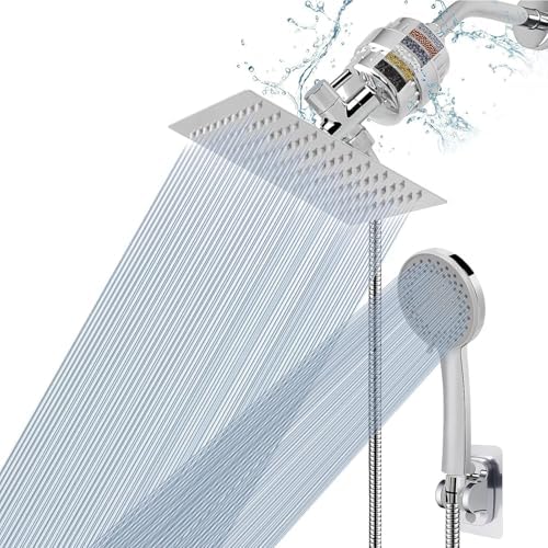 NearMoon Filtered Shower Head, High Pressure 8″Square, 5 settings Handheld Rain Shower Filter Combo with Self-adhesive Holder/1.5M Hose -1 Replaceable Filter Cartridge (Chrome Finish) by NearMoon
