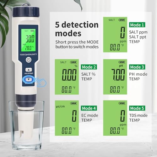 Pool Salt Tester,Digital Pool Water Tester,Accurate and Reliable,Salinity, pH Meter, EC, TDS, and Temperature 5 in 1;Salt Water Pool Testing kit, Used for Pool Salt and hydroponic Plants - Image 3