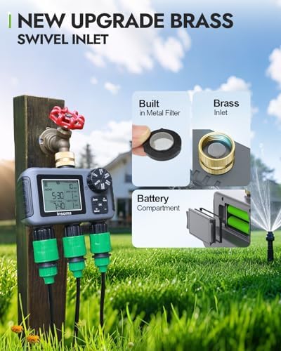 Insoma 3-Zone Sprinkler Timer with Brass Inlet + IPX5 Waterproof | Programmable Auto/Manual Irrigation Mode with Rain Delay & Large LCD | Water Hose Timer 3 Outlets for Garden, Lawn, Yard, Pool - Image 2
