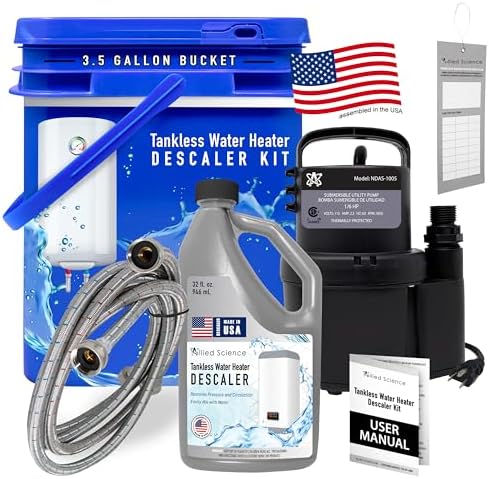 Allied Science Tankless Water Heater Flushing Kit with Square 3.5-Gallon Bucket, Steel Hoses, 1/6 HP Pump, and Quart Eco-Friendly Descaler by AlliedScience