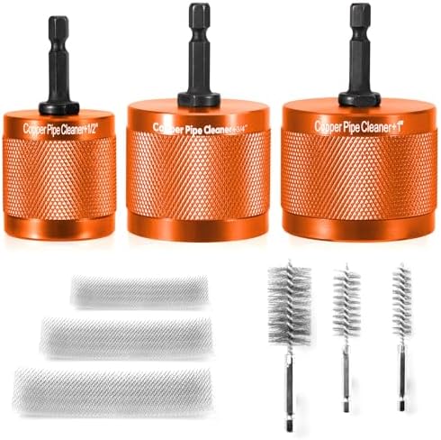[3-Size/9PC] Metal Copper Pipe Cleaner Set for Drill,1/2" & 3/4" & 1" [1 Cleaning Brush & 2 Brushing Pieces for Each Size] Clean Copper Pipes for Soldering,w/Stainless-Steel Wire Bristles & 1/4" Shank by Unknown