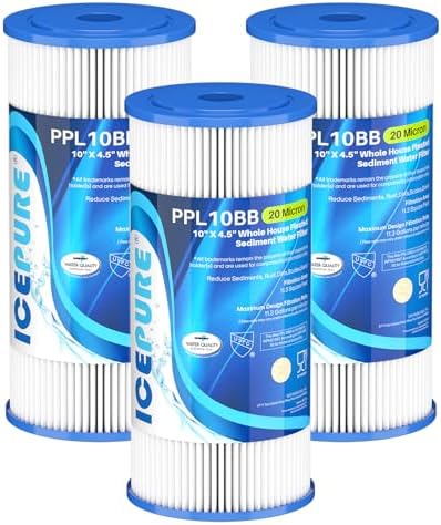 ICEPURE 20 Micron 10" x 4.5" Whole House Extra Coarse Pleated Sediment Filter for Well Water, Replacement Cartridge for GE FXHSC, DuPont WFHDC3001, Pentek R50-BB, Culligan R50-BBSA, W50PEHD, 3Pack by ICEPURE