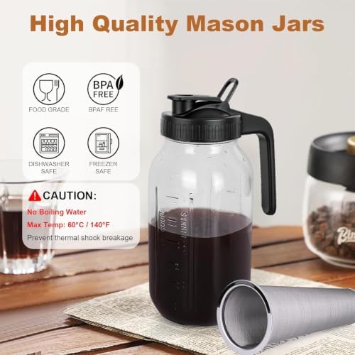 Cold Brew Coffee Maker, 64 oz Mason Jar Pitcher with Stainless Steel Filter, Pour Spout Handle Lid, Airtight & Leak-Proof for Iced Coffee,Tea & Lemonade -2pack - Image 2