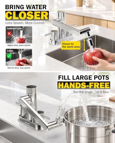 Frizzlife MF1080-D 4 Inch Centerset Bathroom Sink Faucet and Kitchen Sink Faucet with Carbon Block Water Filter, NSF/ANSI 372 Certified, 1080° Rotatable, 2-Handle, Stream/Spray, 304 Stainless Steel - Image 4