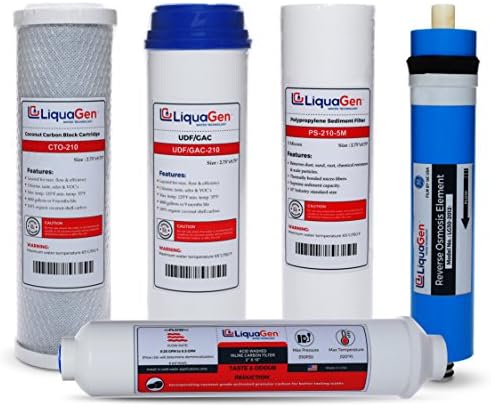 LiquaGen Filter Pack for 5 Stage Replacement Water Filter Set for Reverse Osmosis System's | Home Drinking Water Purifier Kit | Universal Standard Compatibility (100 GPD) by LiquaGen