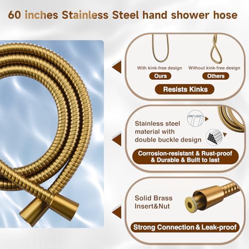BRIGHT SHOWERS Dual Shower Head with Handheld, High Pressure Rainfall Shower Head Combo, 60-Inch Stainless Steel Hose, Brushed Gold - Image 6