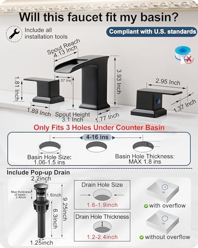 Waterfall Faucet for Bathroom Sink 3 Hole, Black 8 Inch 2 Handles - Image 6