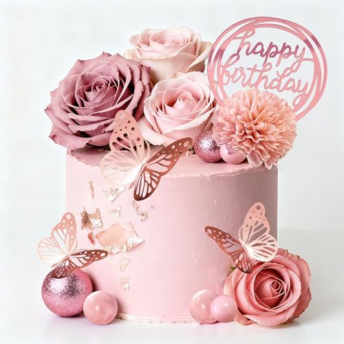 Flower Cake Toppers, Happy Birthday Rose Gold Cake Decorations with Artificial Flowers Butterfly Balls for Wedding Baby Shower Birthday Party Supplies by LEFUBABY
