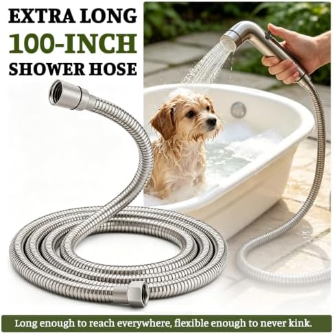 Dog Shower Attachment for Outdoor Pet Washing, High Pressure Hand Sprayer with ON/OFF Switch, 100 Inches Stainless Steel Hose, 3/4 GHT Female Connector, Brushed Nickel - Image 3