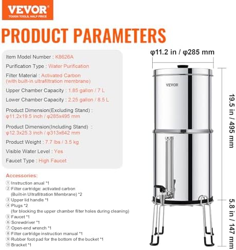VEVOR Gravity-fed Water Filter System, 2.25G 304 Stainless-Steel Countertop System, Water Filtration System, Reduces Lead and up to 99% of Chlorine, with 2 Carbon Filters, Water Level Spigot, Stand - Image 7
