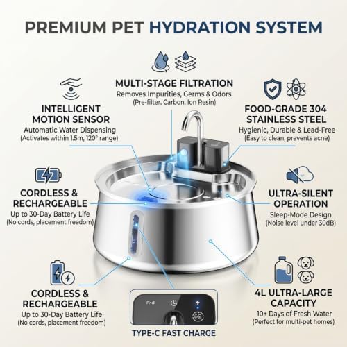 Water Fountain 4L Stainless Steel (6pcs Filter Element) - Image 3