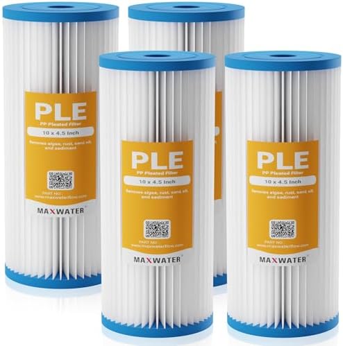Max Water 10 Micron 10 x 4.5 Pleated Sediment Water Filter, Washable Replacement Cartridge for 10" BB Whole House Systems Compatible with R50-BBSA, FXHSC, WFHDC3001, W50PEHD, GXWH40L (4 Pack) by MaxWater