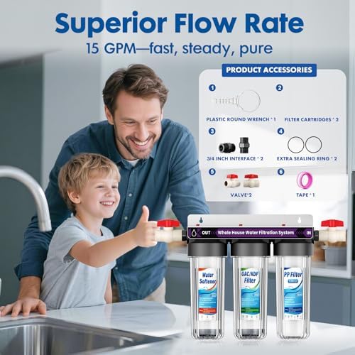 Whole House Water Filter System, 3-Stage Whole Home Water Softener System Highly Reduces Taste,Iron,Scale,Lead,Chlorine, with Heavy Metal and Anti-Scale Filter,3/4" Ports, Extra 1 Year Filter - Image 5