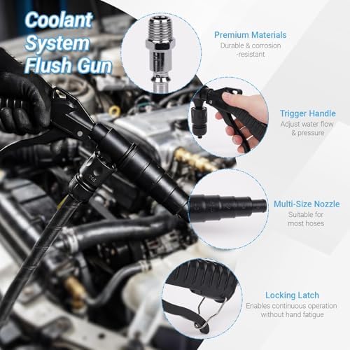 Coolant System Flush Gun, Heater Core Flush Kit, Radiator/Cooling System Flusher Tool Air & Water Combo Flushing Set, Nozzles Fit 19-40 mm Hoses - Image 3