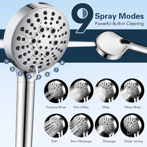 BRIGHT SHOWERS Filtered Shower Head with Handheld, High Pressure 9 Spray Mode Showerhead with Long Hose and Bracket, Water Softener Filters Beads for Hard Water - Removes Chlorine, Chrome - Image 2