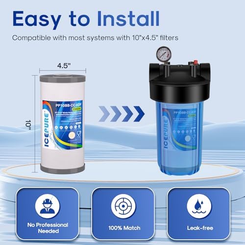 ICEPURE 5 Micron 10" x 4.5" Whole House Sediment Activated Carbon and KDF Water Filter Compatible with GE FXHTC, GXWH40L, RFC-BBSA W50PEHD Whirlpool WHKF-GD25BB GXWH35F GNWH38S Dupont WFHD13001, 3PACK - Image 2