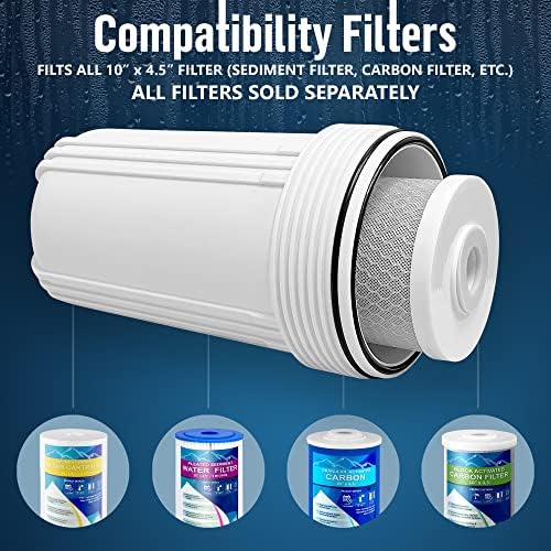 High Capacity 10 x 4.5” Whole House Filter Purifier System for Well or City Water, Presser Relief Button, 1” NPT Brass Port, Double O-Ring, Meets NSF Standards & Regulations (White, 3 Sets) - Image 5