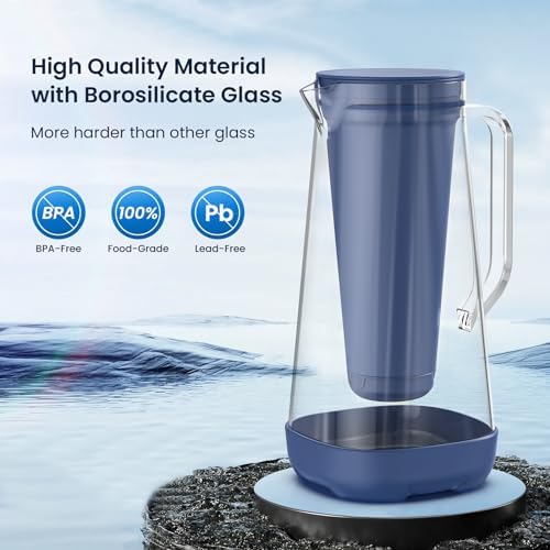 GLACIER FRESH 7 Cup Purela Glass Water Pitcher with 1 Ultrafiltration Membrane and Activated Carbon Filter, Reduces 99% Chlorine, PFOA&PFOS, Coliforms, BPA Free Materials, Blue - Image 3