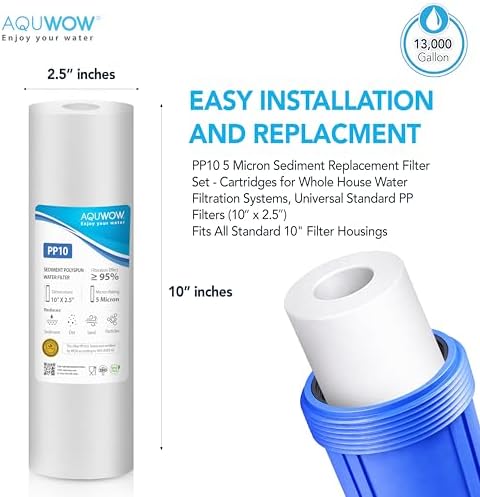 PP10 5 Micron 2.5" x 10" Filter Set – Sediment Replacement Cartridges for Whole House Water Filtration Systems, Universal Standard PP Filters (4, 10 x 2.5) - Image 6