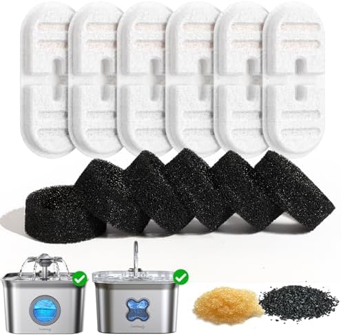 6 Pack New Version Replacement Filters + 6 Pump Sponges for Feelneedy Stainless Steel Cat Water Fountain [FN-W22] - 99oz/2.8L Pet Water Fountain Filters by FEELNEEDY