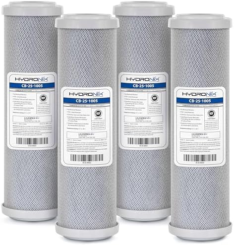 Hydronix CB‑25‑1005 Whole House Coconut Carbon Block Water Filter – 5-Micron Replacement Cartridge for RO & Drinking Water Systems | Standard 2.5 x 10 Inch Filter Housings (4 Pack) by Hydronix