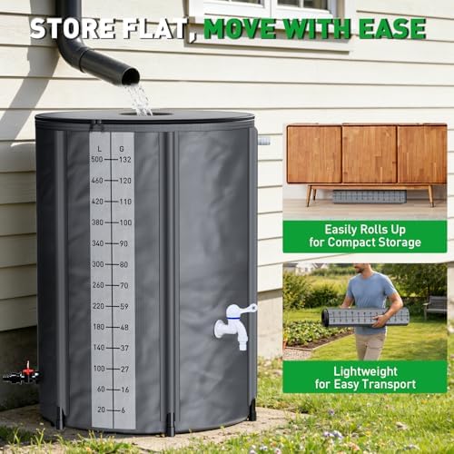 Yesker Collapsible Rain Barrel, 132 Gallon Portable Rainwater Collection System, 550D PVC Water Storage Tank, Rain Catcher with Spigots Filter Overflow Kit, Grey - Image 6