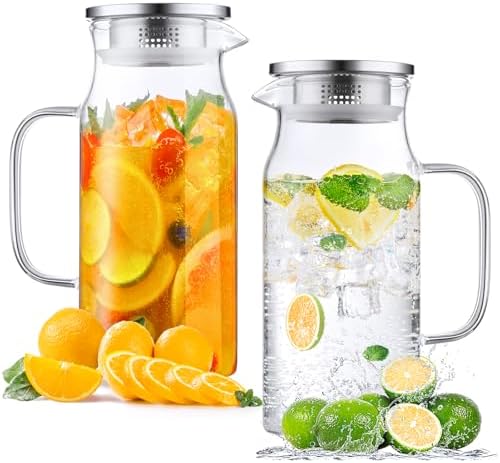 Bivvclaz 2 Pack 1.2 Liter 40 oz Small Glass Pitcher with Lid and Handle, Glass Carafe Water Pitcher for Hot/Cold Water, Iced Tea, Drinks, Coffee, Juice and Homemade Beverage by Bivvclaz